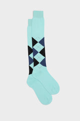 A pair of Bresciani 'Luca' long socks in 100% Pima cotton with a classic argyle intarsia pattern aquamarine.