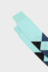 Close-up of the hand-linked toe and argyle intarsia pattern on Bresciani 'Luca' socks, showing the color aquamarine.