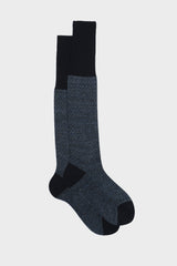 Bresciani Mattia long socks in a cotton and linen blend, with a navy jeans pattern inspired by Lusitanian majolica.