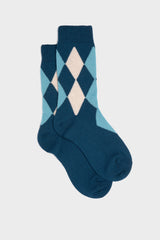 SOCKS CARLA. WOMEN'S COLLECTION, WOOL ARGYLE, BLUE LIGHT- BLUE-CREAM.