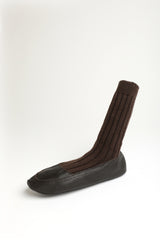 SLIPPERS.CASHMERE, LEATHER, BROWN.