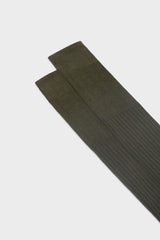 Close-up of the ribbed knit and cuff on Bresciani Cesare socks, highlighting the high cuff and the solid olive color.