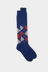 A pair of Bresciani 'Luca' long socks in 100% Pima cotton with a classic argyle intarsia pattern in ink, pewter, clay, and white.