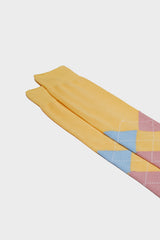 Close-up of the hand-linked toe and argyle intarsia pattern on Bresciani 'Luca' socks, showing the colors straw pink sky