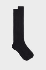 Bresciani Valerio long socks in a linen-nylon blend, with a solid black color and a ribbed knit texture.