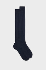 Bresciani Valerio long socks in a linen-nylon blend, with a solid navy color and a ribbed knit texture.