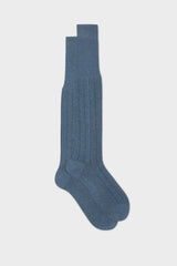 Bresciani Leone long socks in extrafine mercerised Egyptian cotton, in a solid mid blue color with a pinstripes pattern