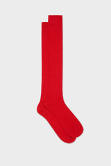 A pair of Bresciani 'Lupo' long socks in an red wool blend, with a ribbed knit texture.