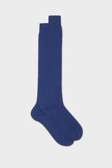 Bresciani Massimo long socks in 100% Pima cotton, not mercerized for superior softness, with a ribbed knit texture and a solid blue color.