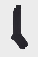 Bresciani Massimo long socks in 100% Pima cotton, not mercerized for superior softness, with a ribbed knit texture and a solid navy color.