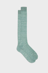 Bresciani Valerio long socks in a linen-nylon blend, with a solid green color and a ribbed knit texture.