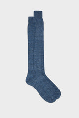Bresciani Valerio long socks in a linen-nylon blend, with a solid jeans color and a ribbed knit texture.