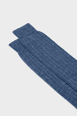 Close-up of the ribbed knit and hand-linked toe on Bresciani Valerio socks, in a solid jeans color.