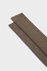 Close-up of the ribbed knit and fine texture of Bresciani 'Campidoglio' socks, in a solid beaver color.