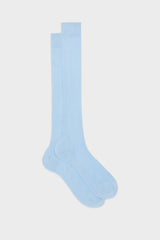 Bresciani Cesare long socks in extrafine mercerised Egyptian cotton, in a solid sea blue color with a ribbed knit texture.