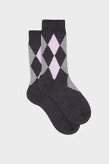 SOCKS CARLA. WOMEN'S COLLECTION, WOOL ARGYLE, GREY LILAC.