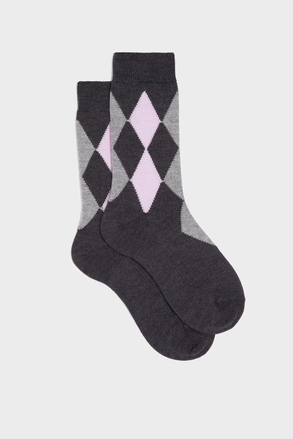SOCKS CARLA. WOMEN'S COLLECTION, WOOL ARGYLE, GREY LILAC.