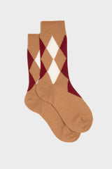 SOCKS CARLA. WOMEN'S COLLECTION, WOOL ARGYLE, LIGHT BROWN-CREAM-BURGUNDY.
