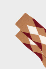 SOCKS CARLA. WOMEN'S COLLECTION, WOOL ARGYLE, LIGHT BROWN-CREAM-BURGUNDY.