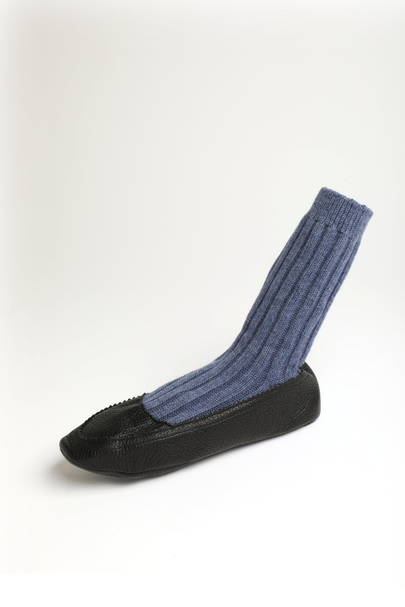 SLIPPERS.CASHMERE, LEATHER, BLUE.