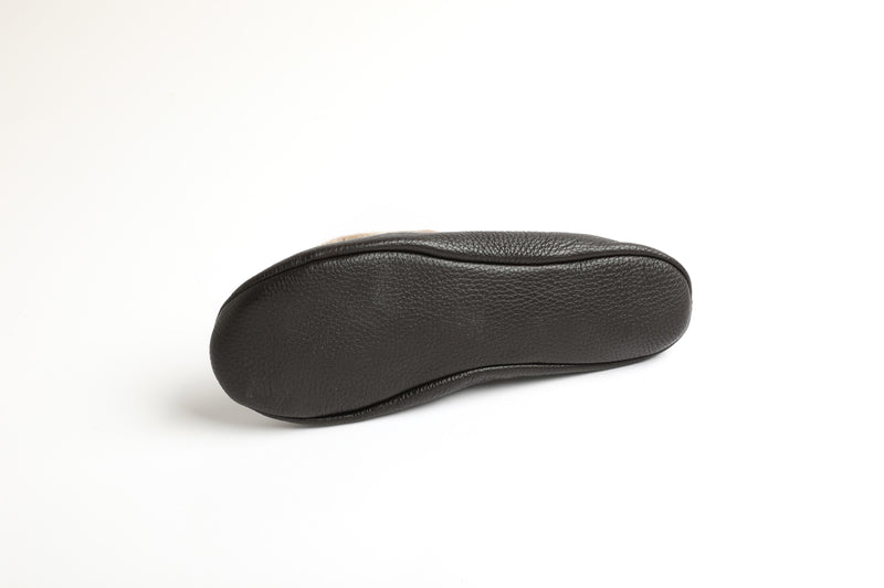 SLIPPERS.CASHMERE, LEATHER, BROWN.