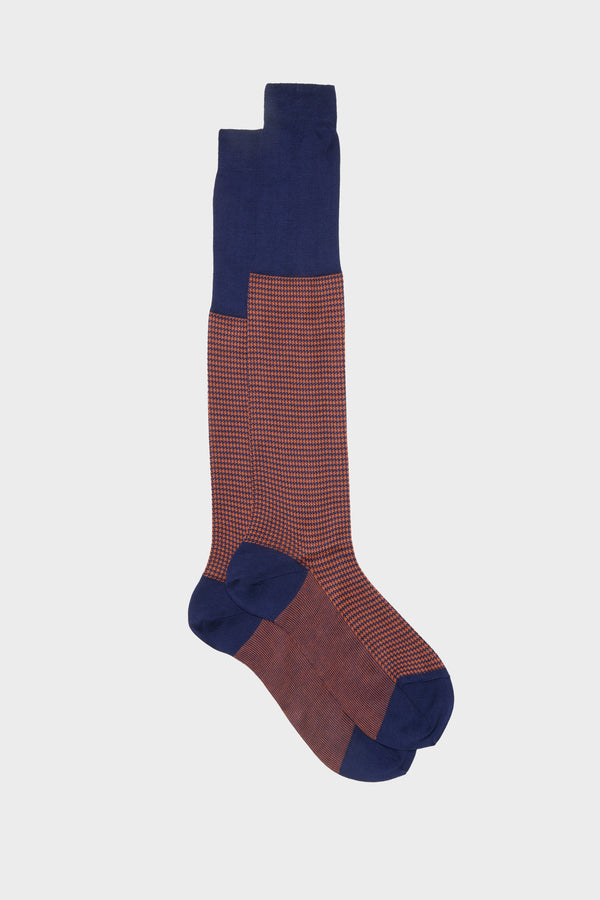 CALZA LEO, 100% COTONE, PIED DE POULE, NAVY-ORANGE.