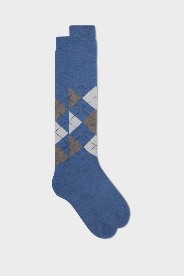 SOCKS LAPO, 90% WOOL 10% POLYAMIDE, ARGYLE, BLUE - LIGHT BLUE - LIGHT BROWN - GREY.