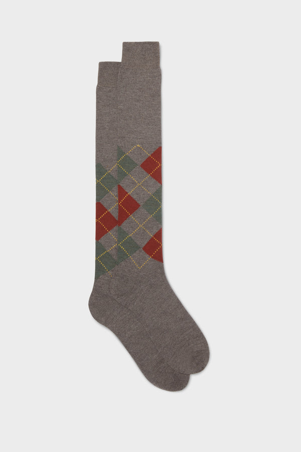 SOCKS LAPO, 90% WOOL 10% POLYAMIDE, ARGYLE,  LIGHT BROWN - OLIVE - RUST - GOLD.