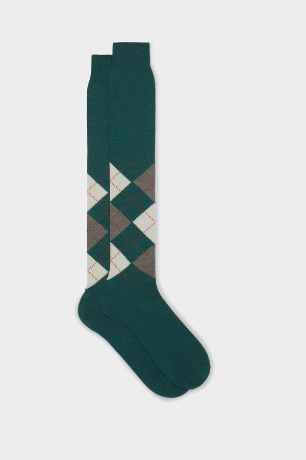 SOCKS LAPO,  90% WOOL 10% POLYAMIDE, ARGYLE, FIR GREEN - NEUTRAL - DK BROWN - BLOOD.