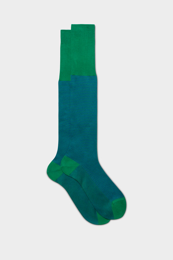 CALZA LEO. 100% COTONE, PIED DE POULE, ELECTRIC BLUE- FERN GREEN